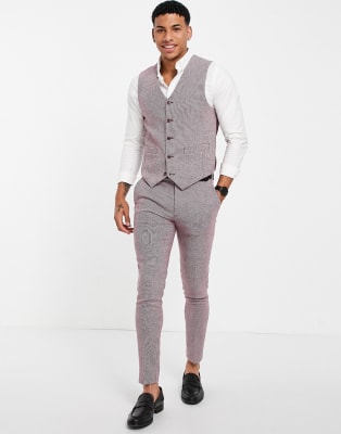 ASOS DESIGN wedding super skinny wool mix waistcoat in burgundy puppytooth