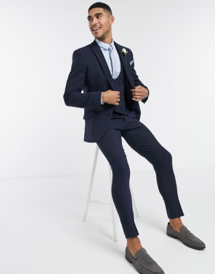 ASOS DESIGN wedding super skinny wool mix suit in navy herringbone | ASOS