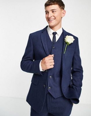 ASOS DESIGN wedding super skinny wool mix suit waistcoat in navy herringbone
