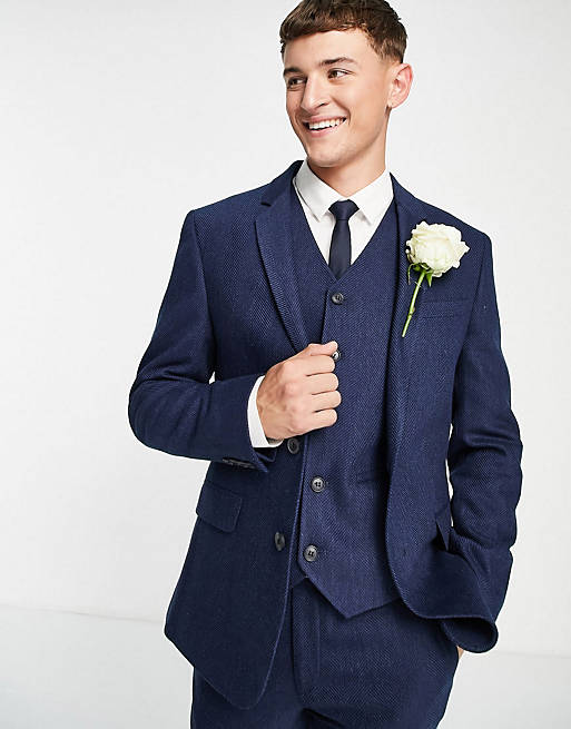 ASOS DESIGN  wedding super skinny wool mix suit in navy herringbone