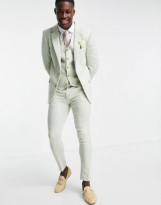 ASOS DESIGN wedding super skinny wool mix suit jacket in pastel green twill