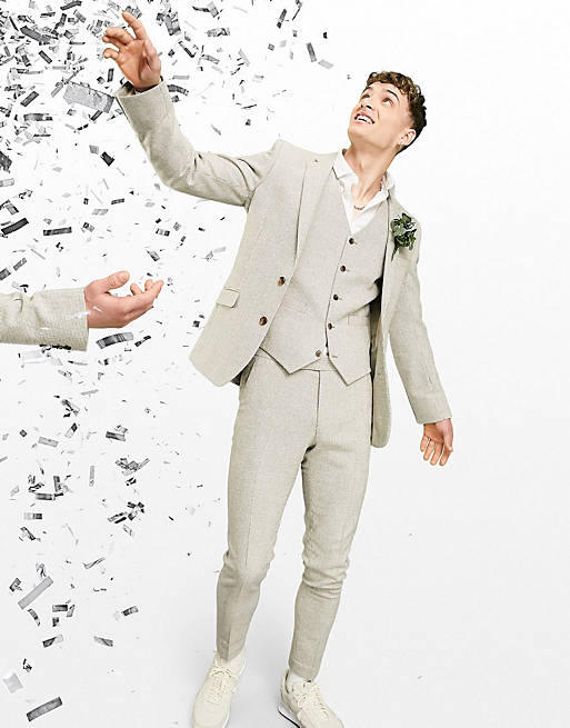 ASOS DESIGN wedding super skinny wool mix suit in stone puppytooth