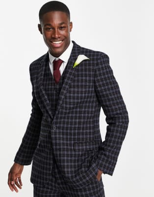 ASOS DESIGN wedding super skinny wool mix suit with grid window check in navy