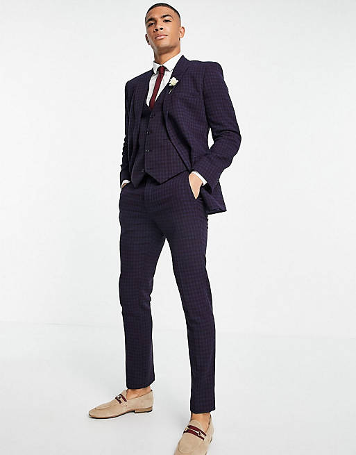 ASOS DESIGN wedding super skinny wool mix suit with navy grid check
