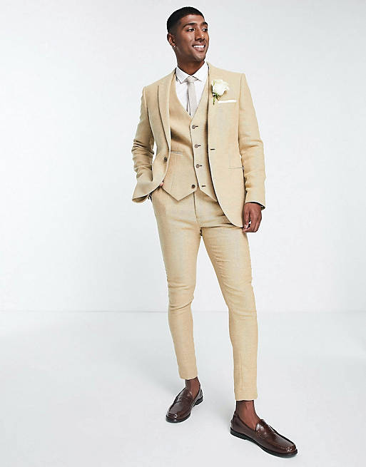ASOS DESIGN wedding super skinny wool mix twill suit in mushroom