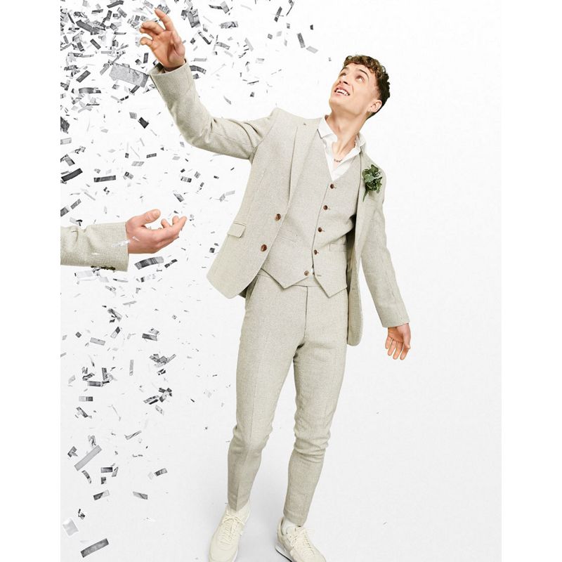 DESIGN Wedding – Supereng geschnittener Anzug aus Wollmischung in Stein mit feinem Hahnentrittmuster
