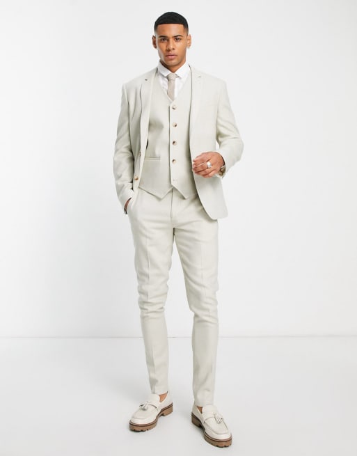 ASOS DESIGN Wedding – Szarobrązowy obcisły garnitur z domieszką wełny o koszykowym splocie