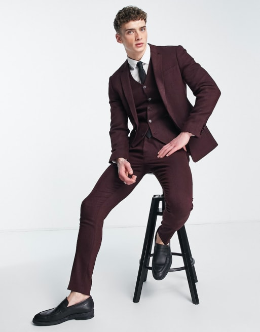 ASOS DESIGN Wedding – Vinröd fiskbensmönstrad kostym i yllemix med extra smal passform