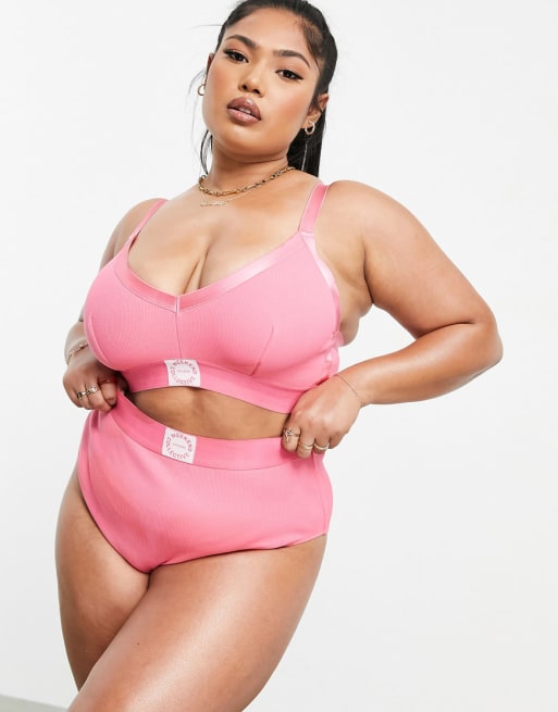 ASOS DESIGN Weekend Collective Curve ribbed high-waist knicker in hot pink