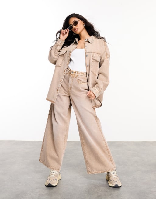 ASOS DESIGN Weekend Collective wide leg jeans and jacket in acid wash brown