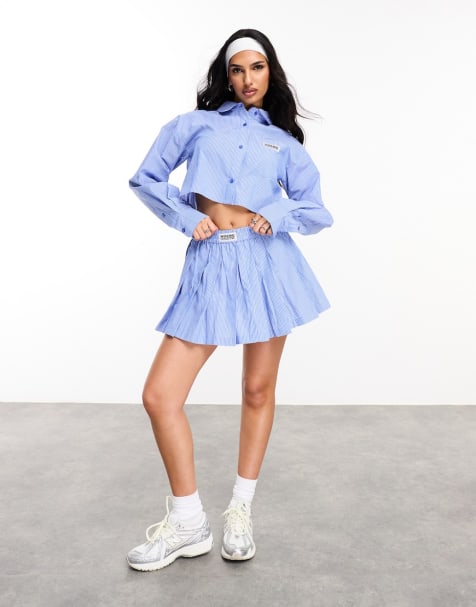 ASOS DESIGN Weekend Collective woven cropped shirt and skirt co-ord in blue stri - view 1