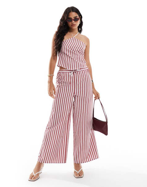 ASOS DESIGN wide leg stripe trouser & shirt co-ord in burgandy stripe - view 1