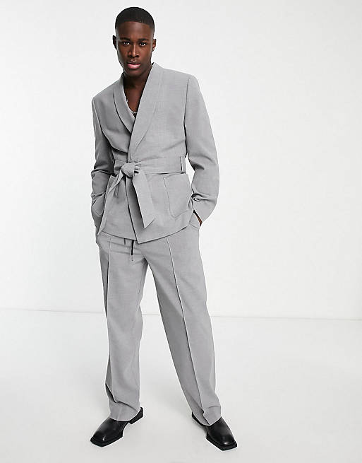 ASOS DESIGN wide leg suit with dressing gown jacket in grey