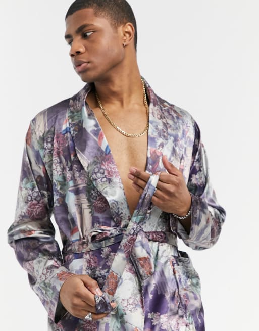 ASOS DESIGN – Wzorzysty satynowy zestaw ze szlafrokiem i bokserkami
