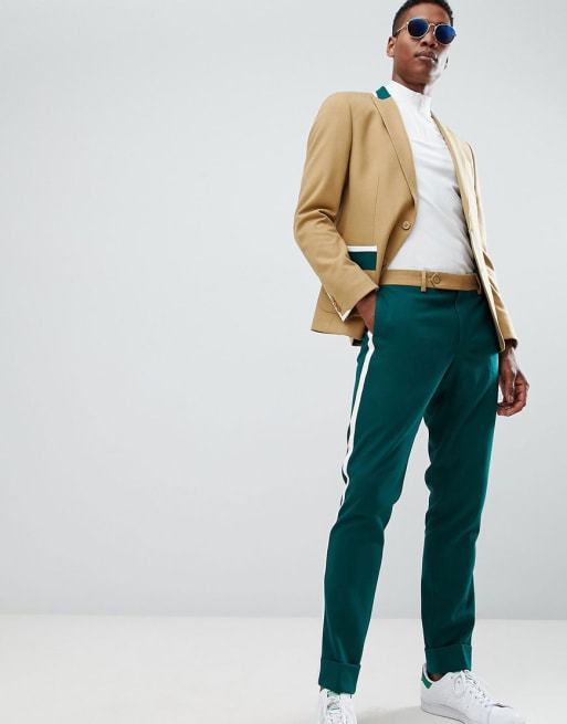 ASOS DESIGN – Zielono-beżowy dopasowany garnitur ze wstawkami