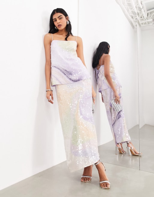 ASOS EDITION abstract print sequin longline cami top & maxi skirt set in  purple