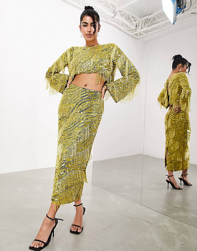 ASOS EDITION - beaded fringe and pearl split back top and skirt in black and yello