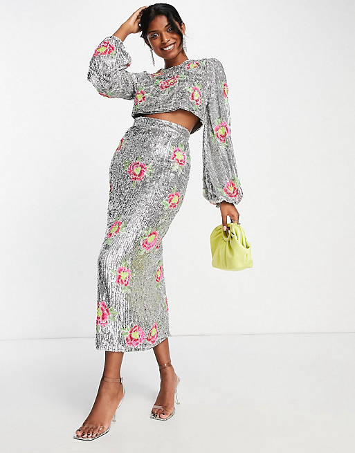 ASOS EDITION blouson sleeve crop top & midi skirt in floral sequin - SILVER