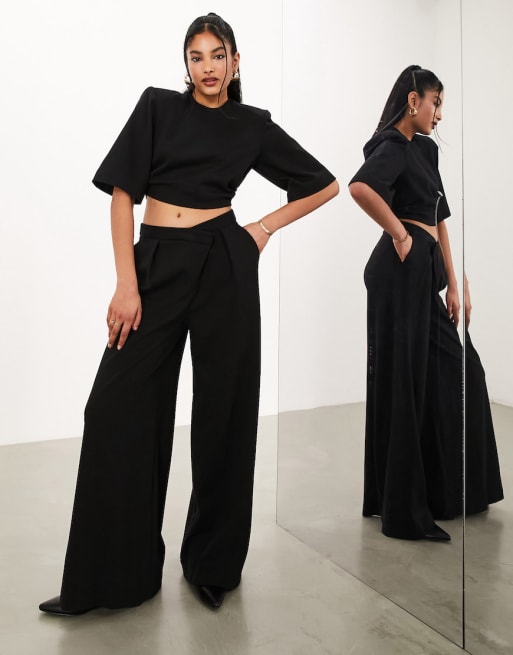 ASOS EDITION boxy crop top with exaggerated shoulders and wide leg pants in  black