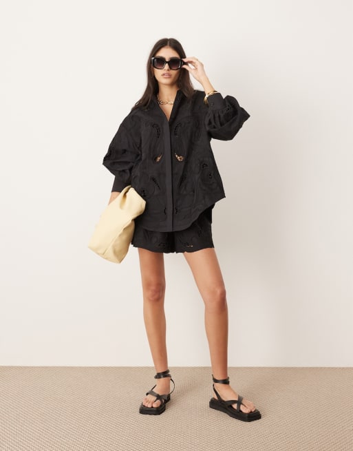 asos edition broderie shirt dress in black ASOS EDITION broderie shirt dress in black