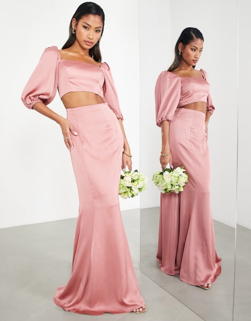 ASOS EDITION - Co-ord set van satijnen crop top en maxi-rok in oudroze - PINK