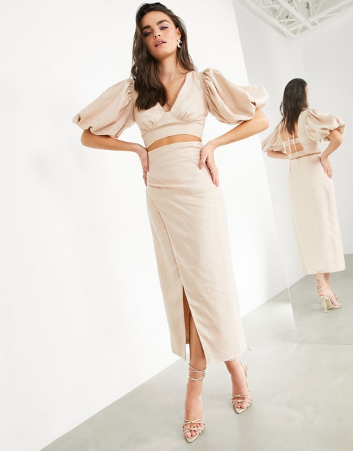 ASOS EDITION - Combi-set van top met pofmouwen en midaxi-rok met dijsplit