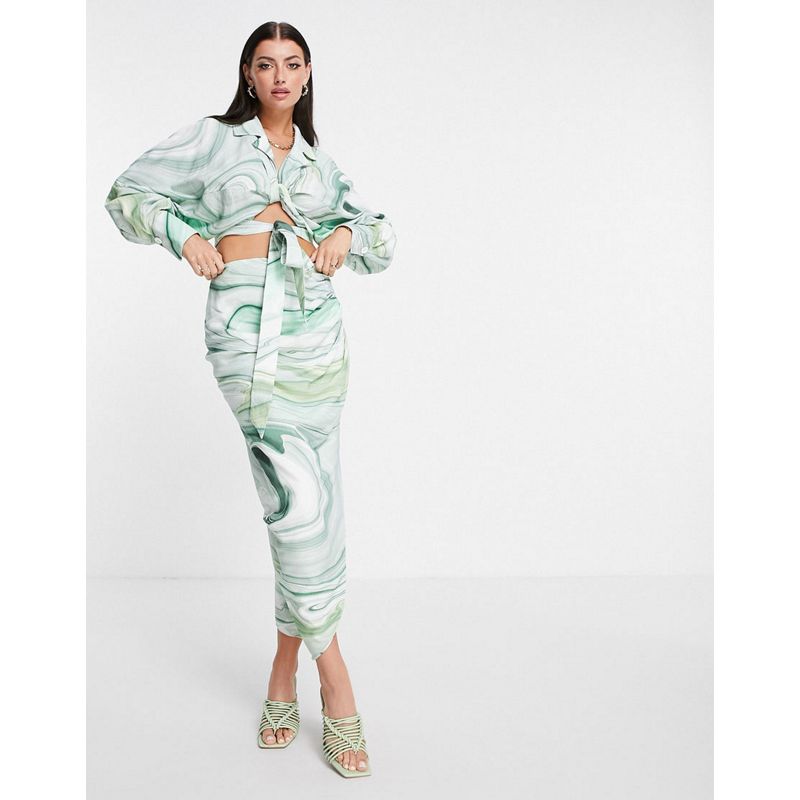 k8ima Donna Edition - Coordinato con blusa avvolgente e gonna drappeggiata in lino con stampa marmorizzata