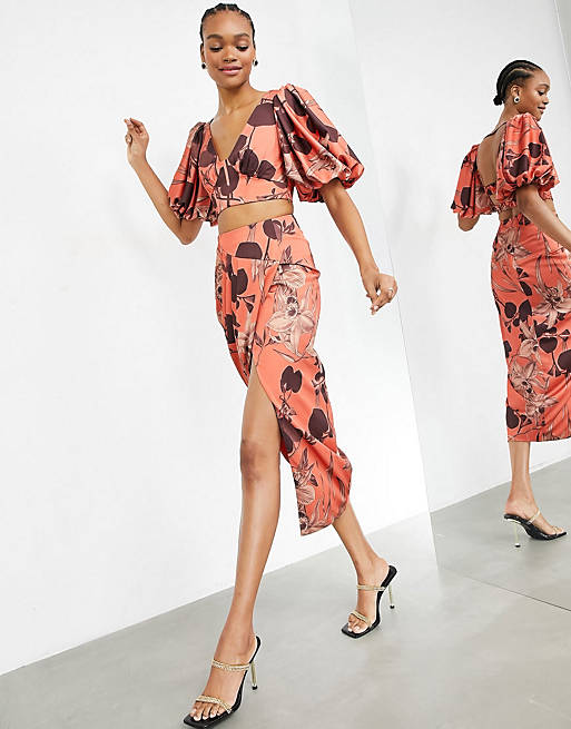 ASOS EDITION crop top and skirt co-ord in cinnamon orchid print