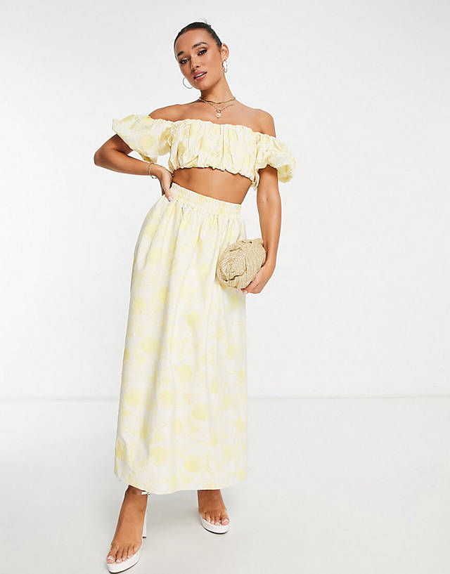 ASOS EDITION - crop top & midi skirt with elastic waist in yellow floral jacquard