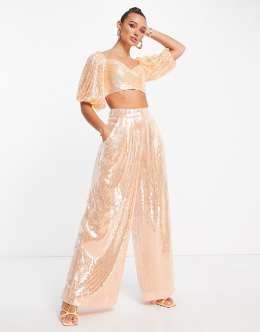 ASOS EDITION crop top & pants in apricot sequin - part of a set