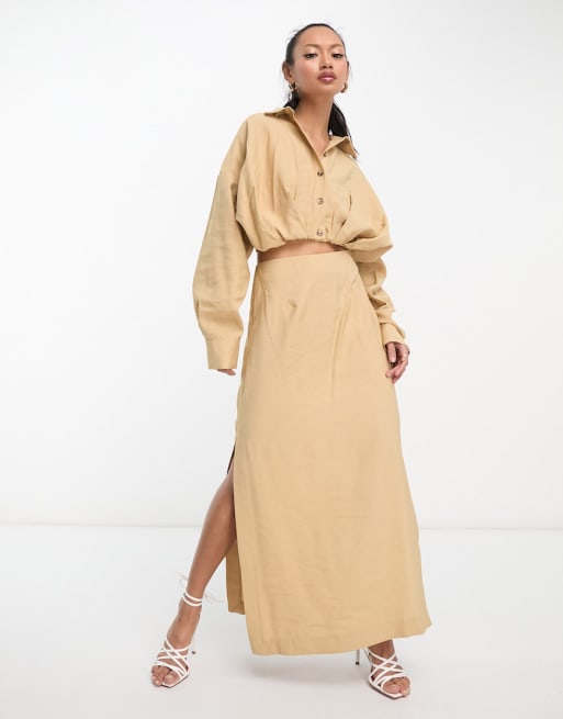 ASOS EDITION cropped batwing shirt and midi skirt in camel