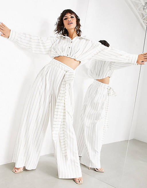 ASOS EDITION wide leg trouser with tie waist in stripe