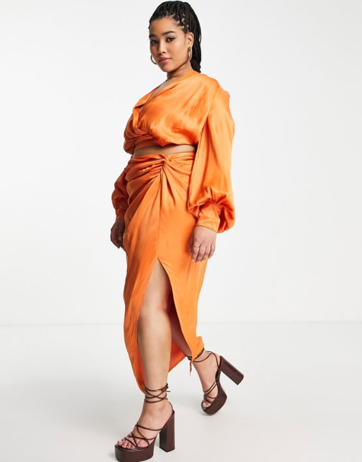 ASOS EDITION Curve - Satijnen top en midirok met split in pikant oranje - ORANJE