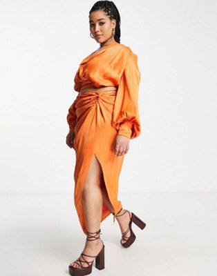 ASOS EDITION Curve satin drape blouson sleeve top with open back in spicy orange