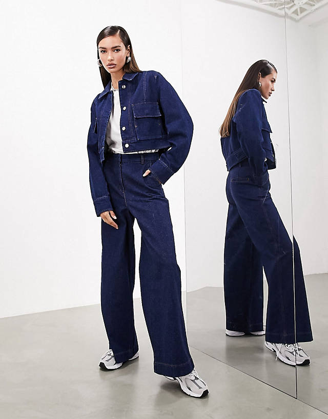 ASOS EDITION - denim cropped jacket with pockets and wide leg jean in indigo blue