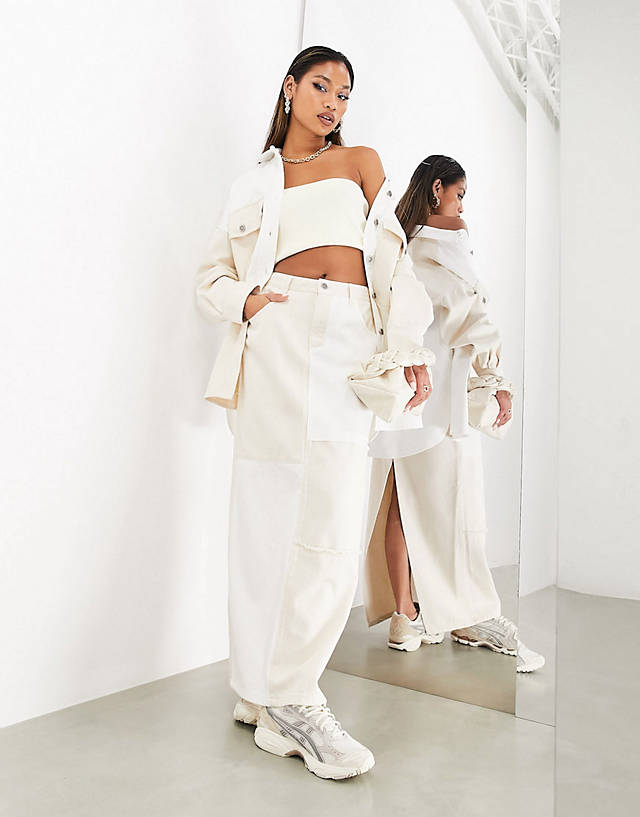 ASOS EDITION - denim patchwork oversized shirt and maxi skirt in cream and white