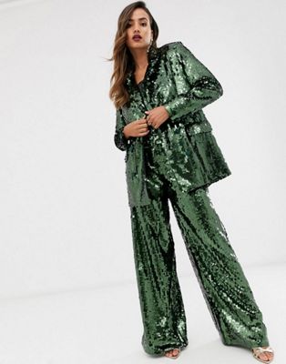 ASOS EDITION double breasted blazer & wide leg trouser in green sequin ...