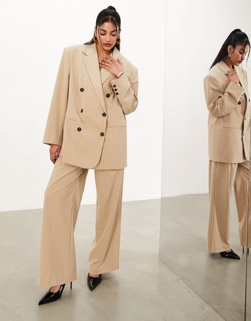CerbeShops EDITION double breasted mansy blazer and wide leg Smock trouser in taupe pinstrip
