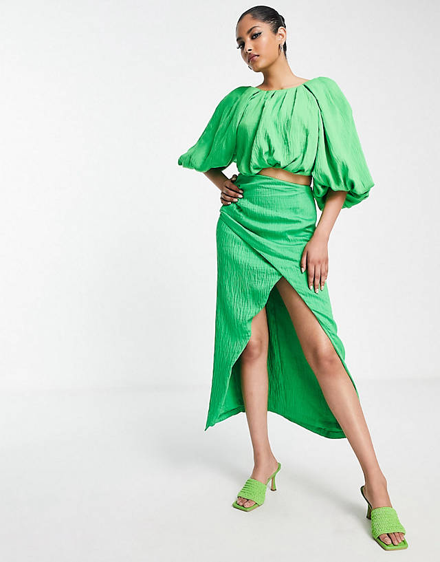 ASOS EDITION - drape front midi skirt and blouson crop top in bright green