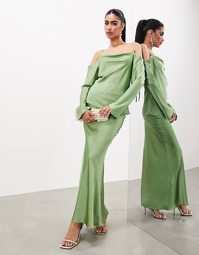 ASOS EDITION - drapey long sleeve cold shoulder top and midi skirt in green