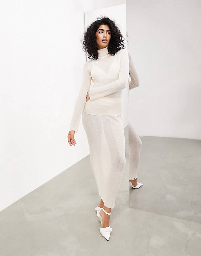 ASOS EDITION - fine knit roll neck long sleeve top and maxi skirt co-ord in cream