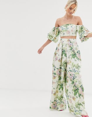 ASOS EDITION floral off shoulder top & wide leg pants two-piece