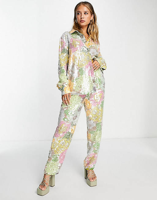 ASOS EDITION floral print shirt & trouser in sequin - MULTI | ASOS