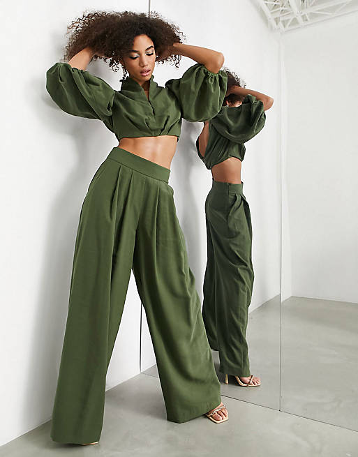ASOS EDITION halter neck top & wide leg pants in olive green - MGREEN