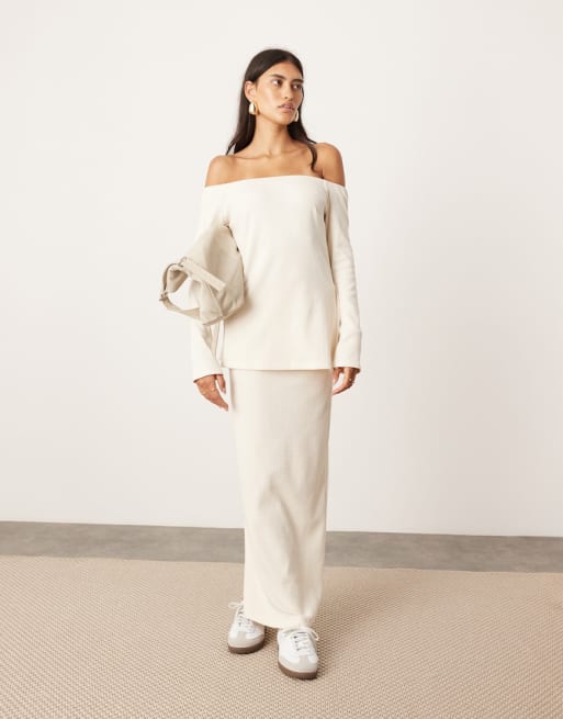  ASOS EDITION jersey bardot longline top with split hem and maxi skirt in cream