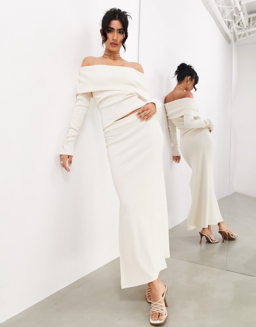ASOS EDITION jersey turnover bardot long sleeve top and maxi skirt in cream