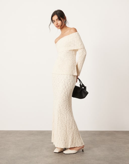 ASOS EDITION knitted bardot layered long sleeve top and maxi skirt set in cream