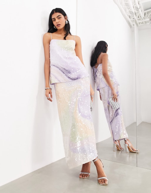 ASOS EDITION – Lila set med långt linne och maxikjol med abstrakt mönster och paljetter