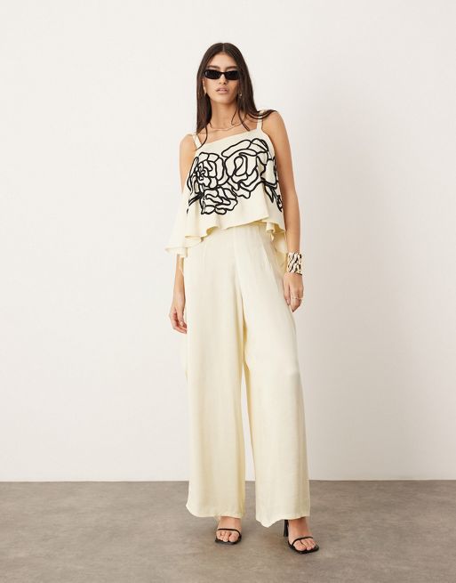  ASOS EDITION linear floral embroidered open back square cut top & trouser in cre