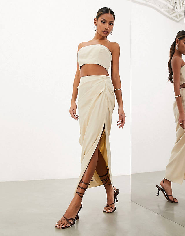 ASOS EDITION - linen bandeau wrap crop top and midi skirt in stone